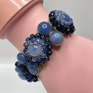 Cute Blue Beaded Acrylic Bezel Set Silver Tone Stretch Bracelet Boho 6.5" Bangle